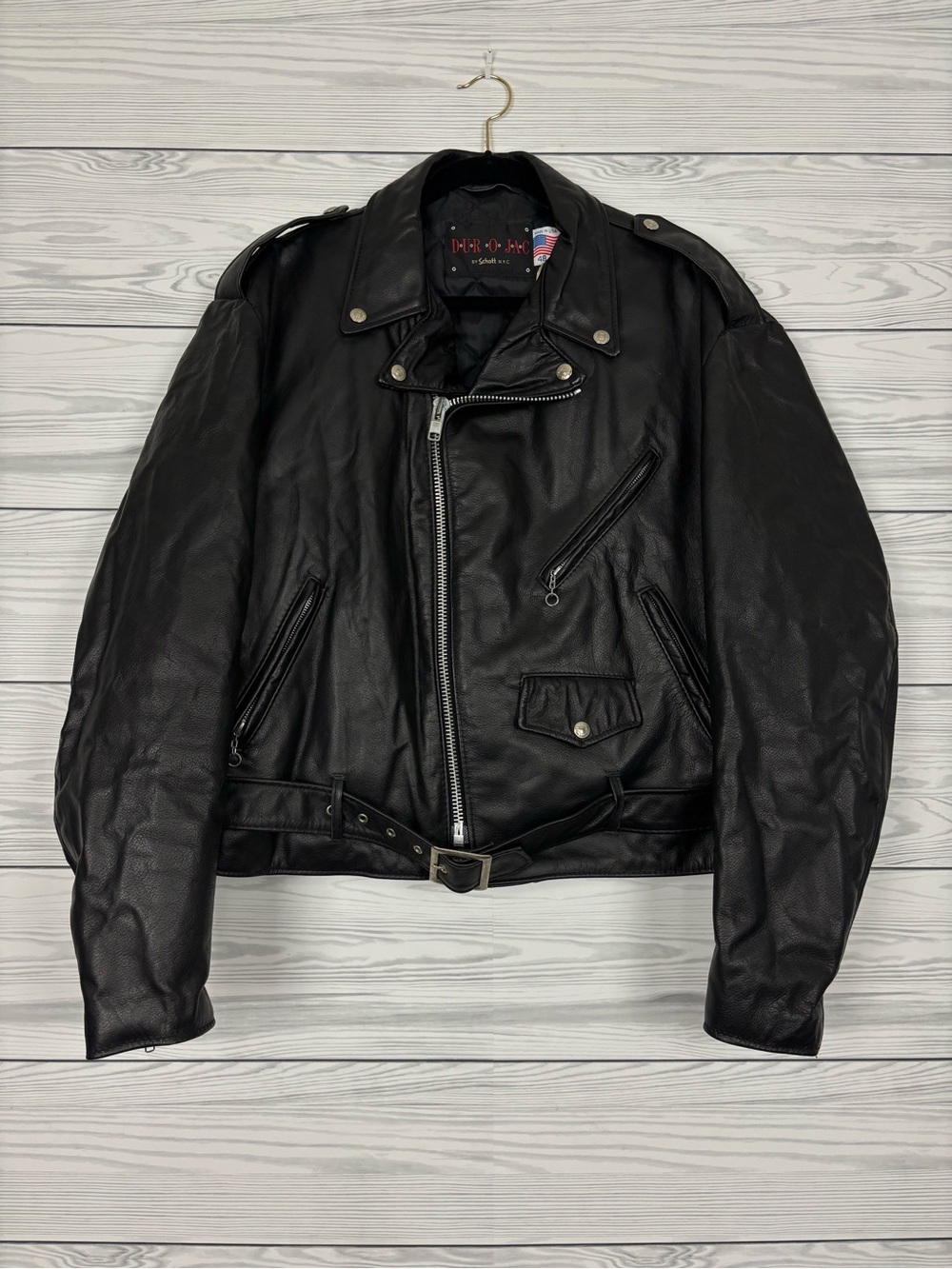NWT VINTAGE SCHOTT LEATHER MOTORCYCLE JACKET DUR O JAC 48 BELTED USA 80s 90s